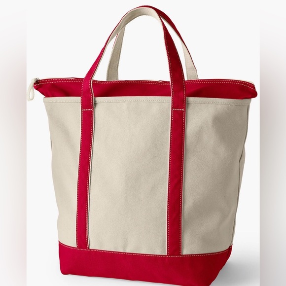 Lands End 100% Cotton Zip Top Canvas Heavy Duty Tote Bag L Ivory/Red | Travel - Picture 2 of 11